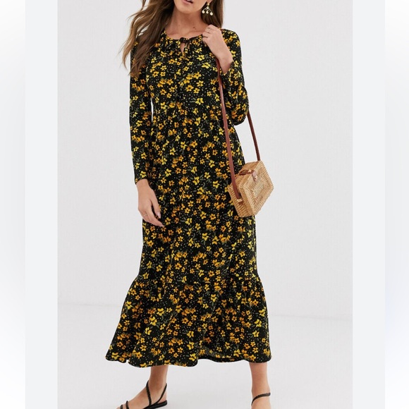 Free people black yellow floral maxi boho ruffle dress adorable - Picture 1 of 7